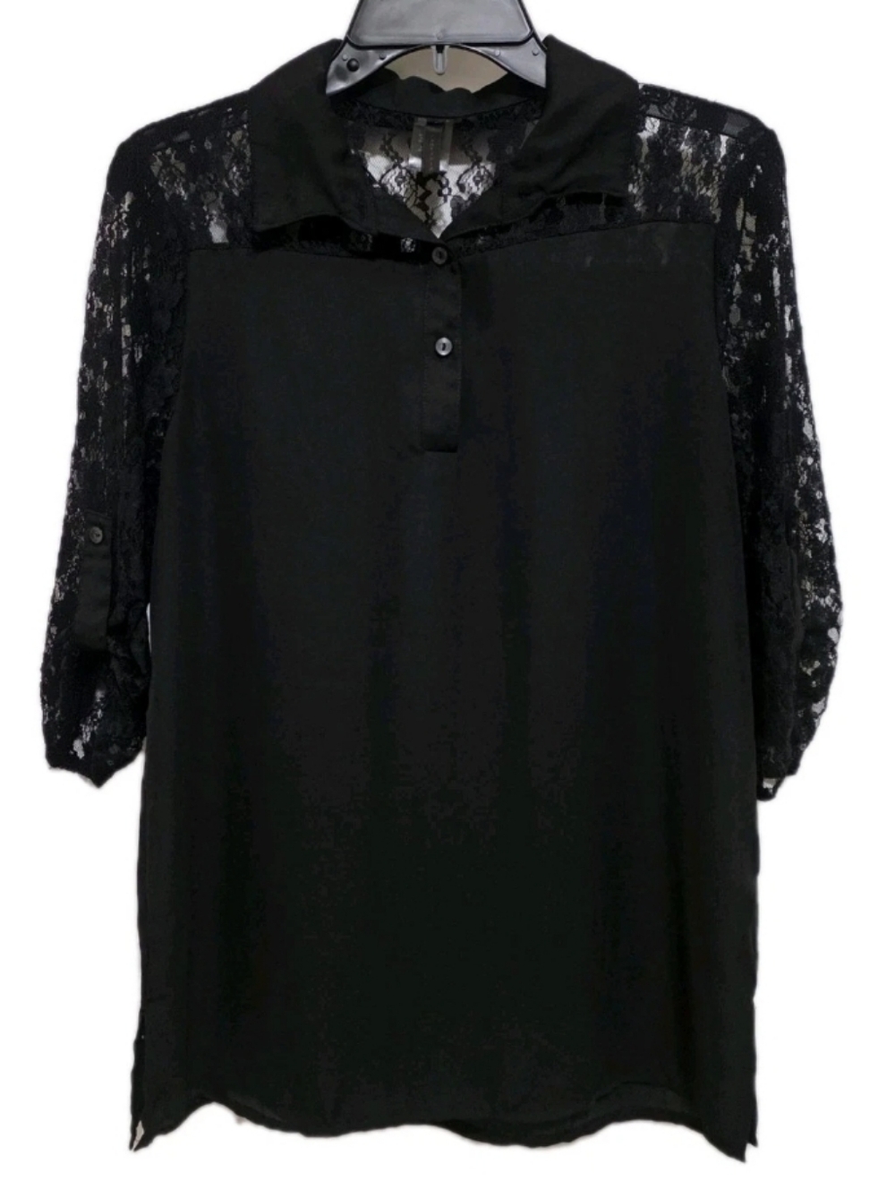 Nella Fantasia Women's M Black Chiffon Top Lace Yoke & Sleeves Faux Roll Tab